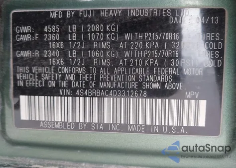 2013 Subaru Outback 2.5I from USA, damaged, VIN 4S4BRBAC4D3312678